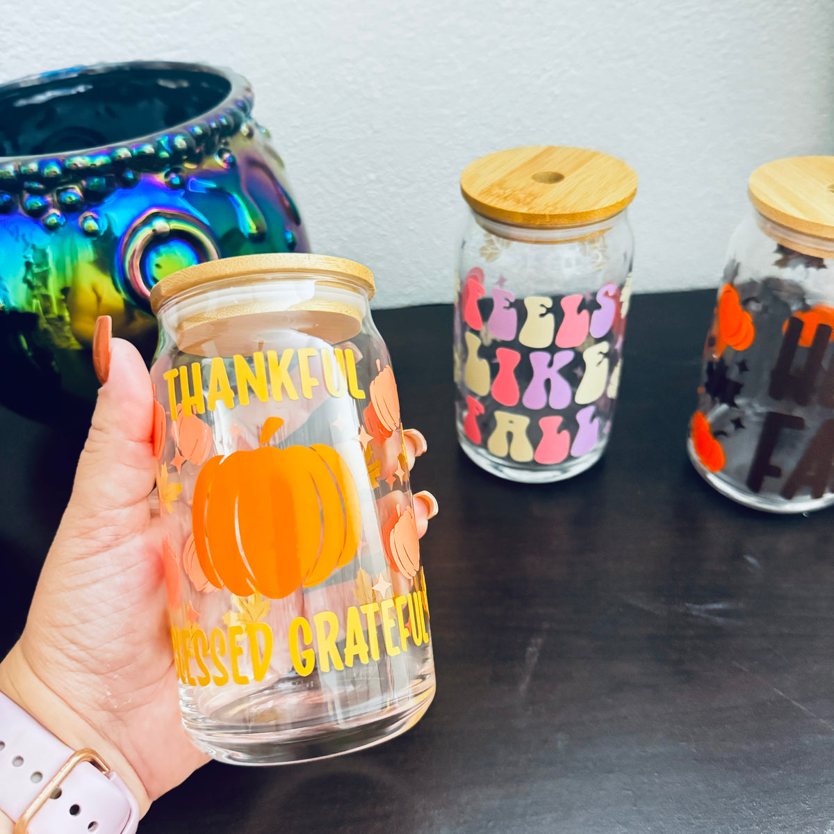 Vaso de Cristal 16 oz – Thankful, Blessed & Grateful