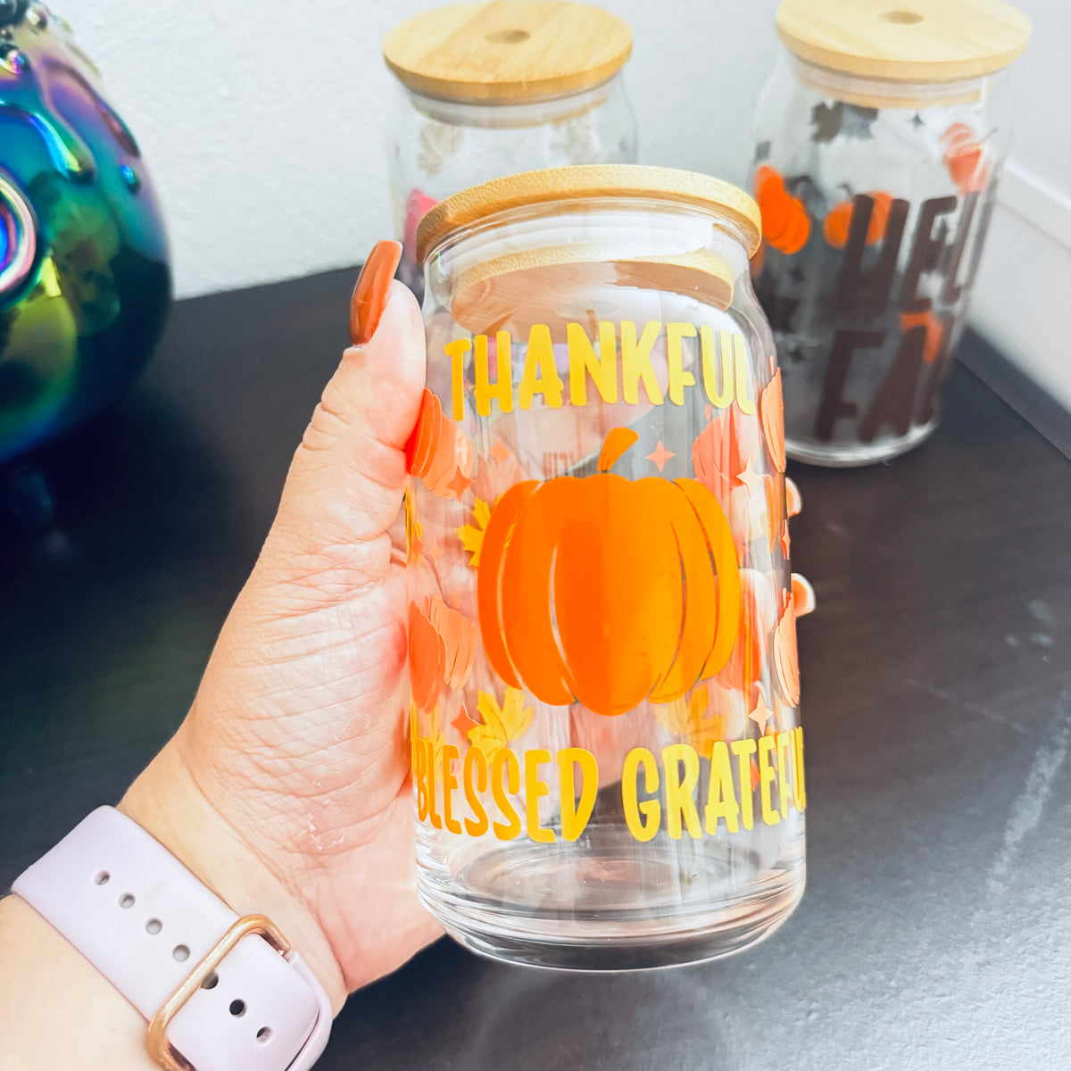 Vaso de Cristal 16 oz – Thankful, Blessed & Grateful