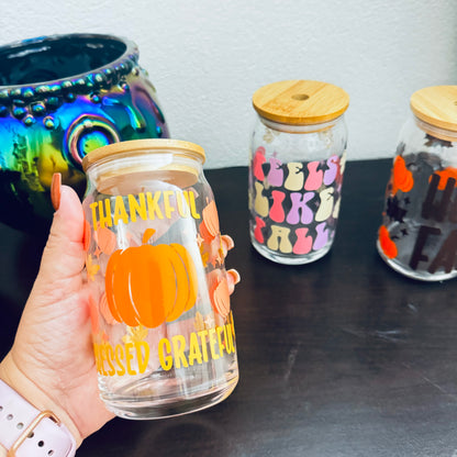 Vaso de Cristal 16 oz – Thankful, Blessed & Grateful